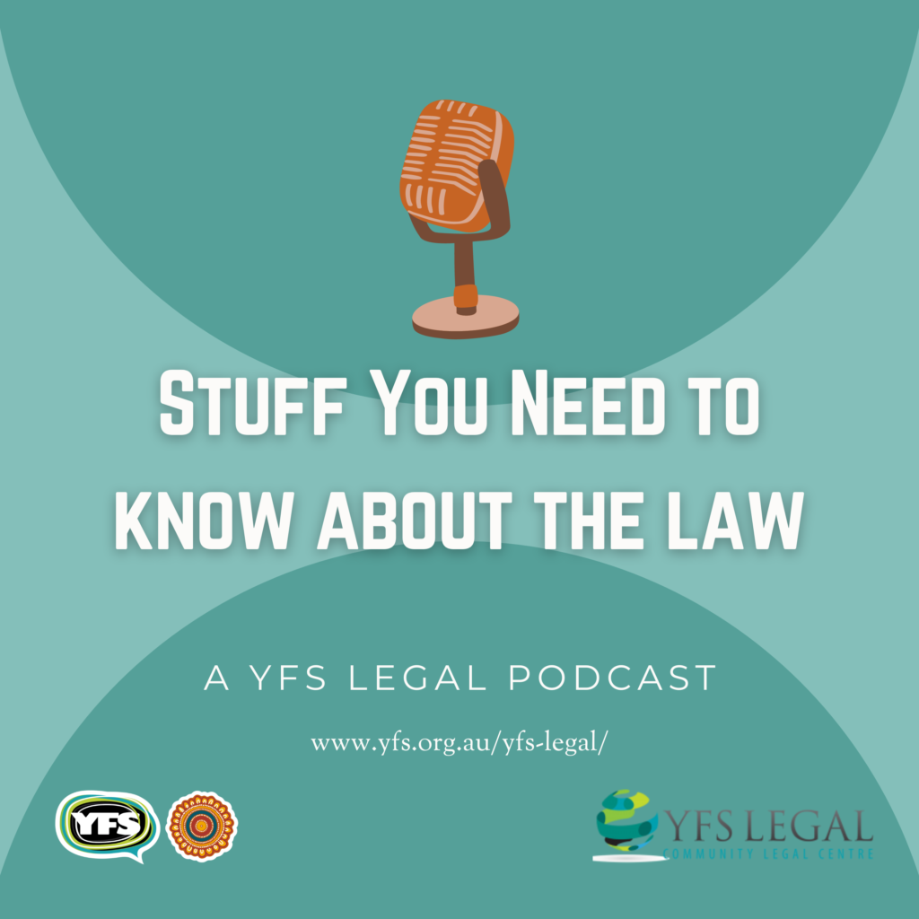 Picture of a microphone with Stuff you need to know about the law podcast graphic